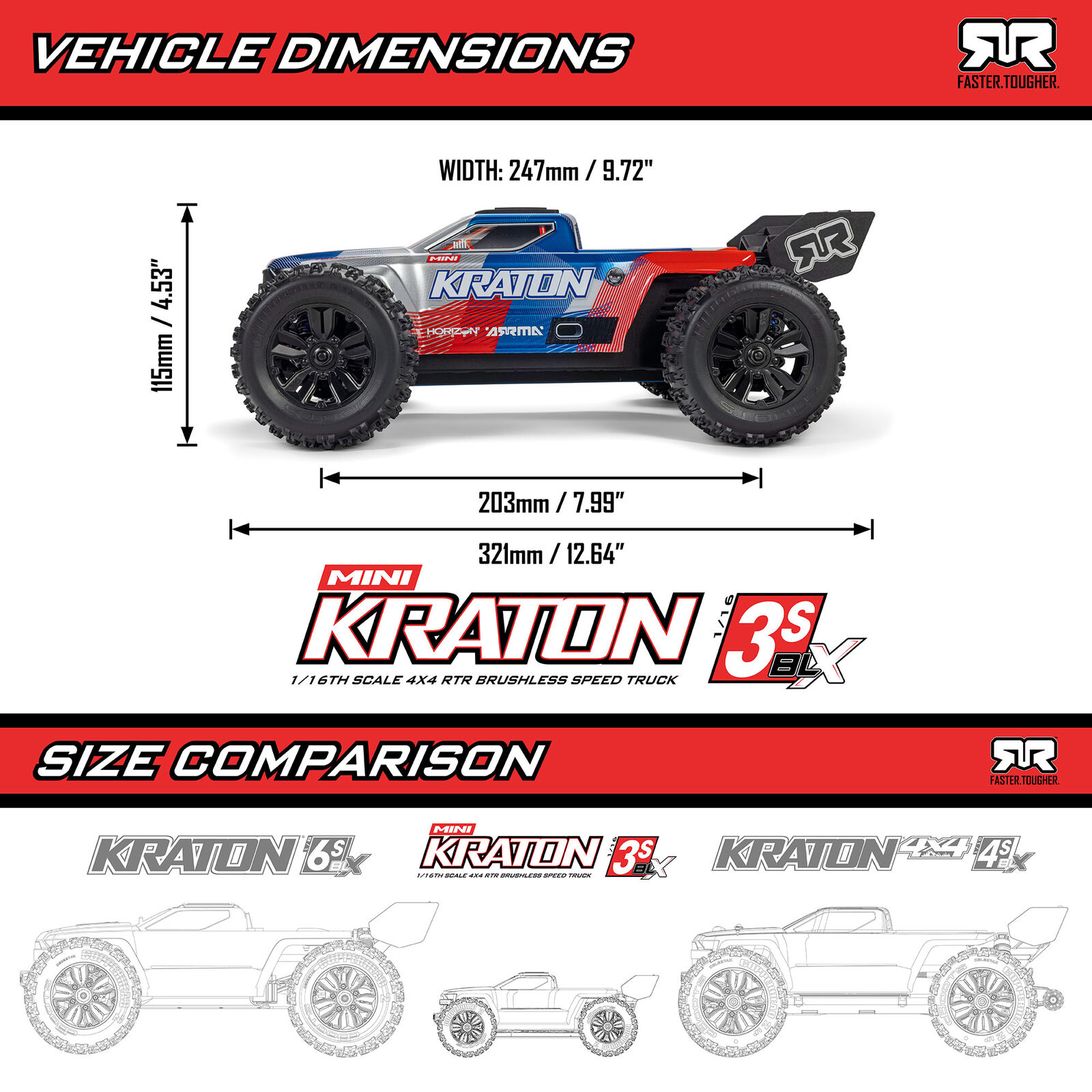 1/16 Mini KRATON 3S DSC 4X4 RTR Brushless Speed Truck, Schwarz/Rot Aktion inkl. 2S LiPo und Ladegerät