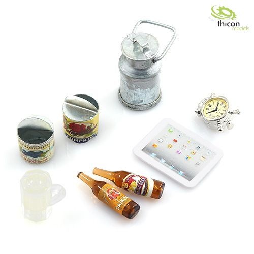 1:10/1:14 Camping-Set 2 mit Tablet, Bierkrug und Wecker thicon-models 