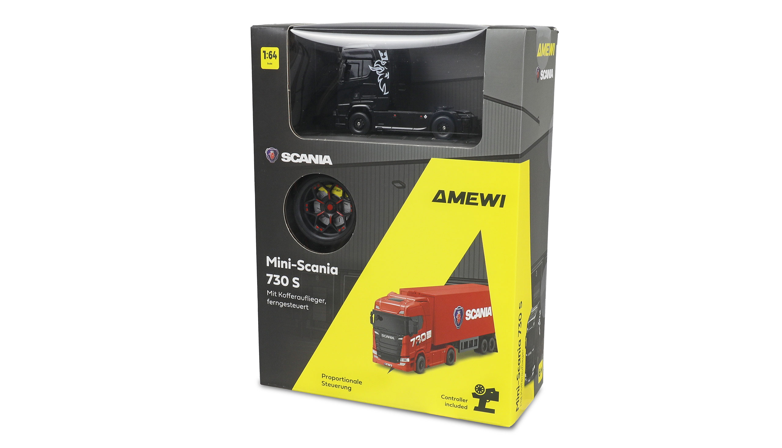 Mini-Scania 730 S mit Kofferauflieger proportional 4WD 1:64 RTR schwarz