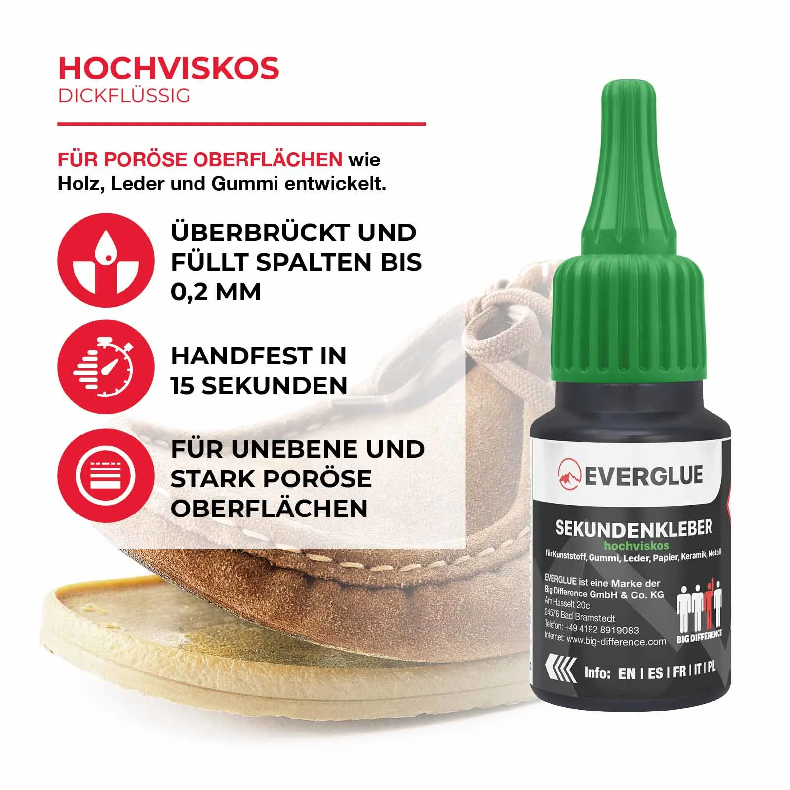 Everglue Sekundenkleber Cyanacrylat hochviskos 20g Dosierflasche (dickflüssig)