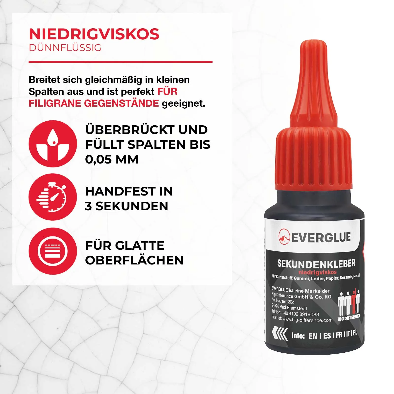 Everglue Sekundenkleber Cyanacrylat niedrigviskos 20g Dosierflasche (dünnflüssig)